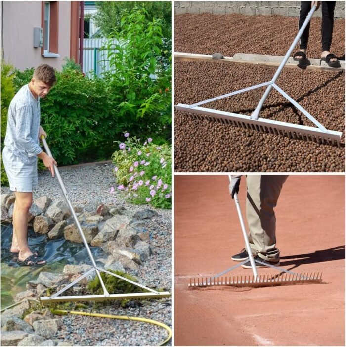 Using the landscape rake to clean leaves from a garden, showing its versatility as a garden tools tool.