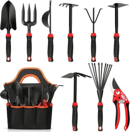 Complete 10-piece gardening tools set with carbon steel tools and non-slip handles.