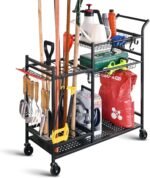 PLKOW garden tools organizer with wheels, showing multiple storage compartments.