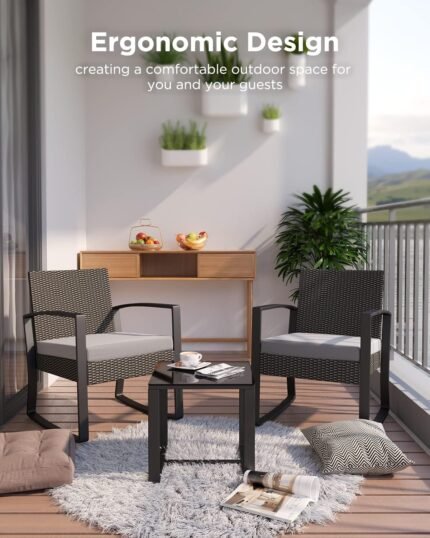 The durable PE rattan chairs in the patio furniture set, built for long-lasting use in various outdoor conditions.