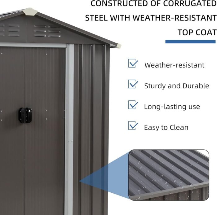 Weatherproof sheds made with alloy steel and powder-coated finish for outdoor durability.