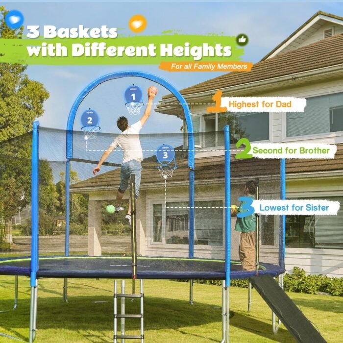 Extra-long net poles and high-quality enclosure ensure safety on the outdoor trampoline, perfect for kids and adults.