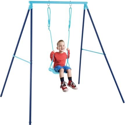 Swing set A-Frame metal stand shown fully assembled in a backyard setting.